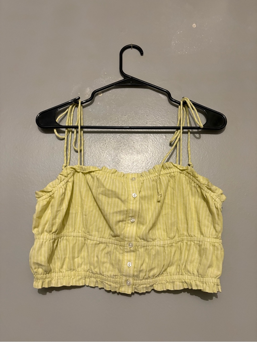 aerie Yellow Striped Tie-Shoulder Button Crop Top